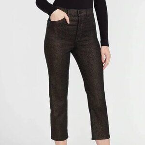 Express Black/Gold Super High Rise Metallic Stretch Straight Cropped Jeans SZ 6